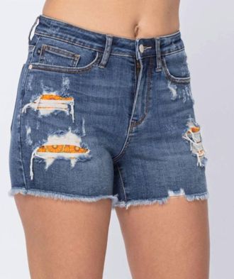 Judy Blue High-Rise Printed Pocket Lining Cutoff Shorts In Dark Blue