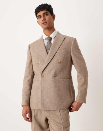 Asos Giacca da abito vestibilità classica doppiopetto beige in misto lana con motivo a spina di pesce-Neutro