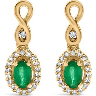 House of Brilliance 10K Yellow Gold Oval Green Emerald 5x3 mm and 1/7 Ct Diamond Dangle Earrings at Nordstrom