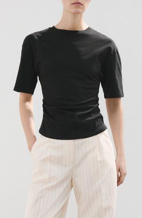 Mango Ruched Side Cotton T-Shirt in Black at Nordstrom, Size X-Small