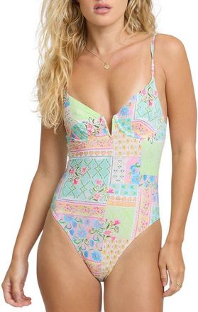 Billabong Love Crush V-Wire One-Piece Swimsuit in Green White Multi at Nordstrom, Size X-Large