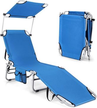 Costway Costway - Tumbona Plegable con Parasol, 5 Posiciones de Respaldo Ajustables, Tumbonas Jardin Exterior con Bolsillo de Almacenamiento Lateral