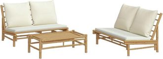 vidaXL Set De Muebles De Jard&iacute;n 3 Piezas Bamb&uacute; Y Cojines Blanco Crema Vidaxl