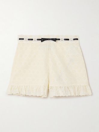 Valentino Garavani Shorts In Pizzo Sangallo Di Cotone Con Finiture In Raso E Ruches - Neutri