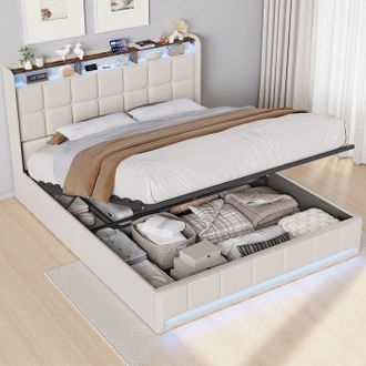 OEM Cama Lit 140x190 Cm Con Somier De Lamas, Cama 140x190 Cm, Estructura De Cama Con Led Y Cofre De Almacenamiento, Tela De Lino, Beige