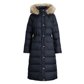 Ralph Lauren Jassen, Dames, Blauw, M, Leer, DW Warme Gewatteerde Jas met Capuchon en Imitatiebontrand