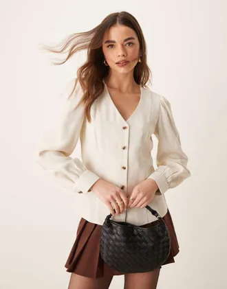 Vila button front fitted blouse in birch cream-Neutral