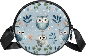 Generic Circle Crossbody Bag for Women, Owls Leaves Small Sling Bag Daypack with Zipper Adjustable Shoulder Straps Casual Ladies Girls Round Purse