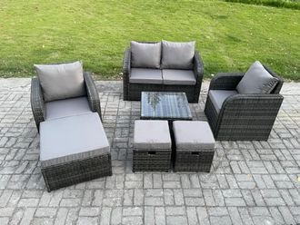 Fimous Rattan Garden Furniture Set Patio Conservatory Indoor Outdoor 7 Piece Set with Love Sofa Coffee Table Footstools in Dark Grey