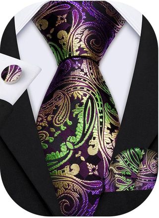 Barry.Wang Mens Paisley Tie Silk Purple Gold Green Necktie Pocket Square Cufflinks Set Wedding Party