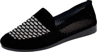 Generic Black Womens Shallow Mouth Design Work Shoes Flying Woven Solid Color Round Toe Breathable Low Top Soft Bottom Flat Comfortable Walking Shoes Mesh Mat
