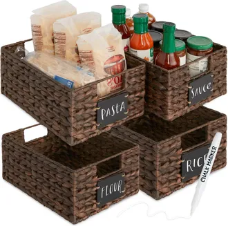 Best Choice Products Set of 4 12in Woven Water Hyacinth Pantry Baskets w/ Chalkboard Label, Chalk Marker