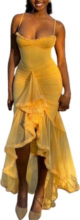 Generic Bodycon Maxi Dress,Cocktail Maxi Dress,Sexy Summer Trendy Party Club Spaghetti Strap Lace Ruched Midi Dress (Yellow,M)