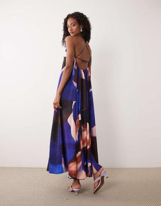 Asos Vestito lungo a trapezio con fondo ampio e perline sul retro blu con stampa astratta-Multi