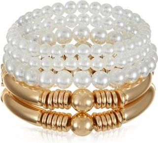 Ettika Set of 5 Faux Pearl & Metallic Beaded Stretch Bracelets in Gold at Nordstrom Rack