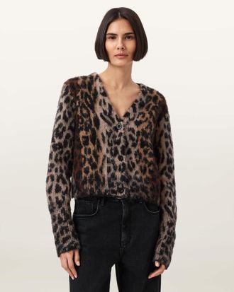 AllSaints Acrylic/Mohair Wick Leopard Jacquard Cropped Cardigan, Size: XS