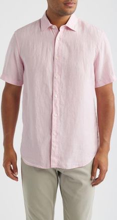 Bugatchi Orson Shaped Fit Short Sleeve Linen Button-Up Shirt in Pink at Nordstrom, Size Xxx-Large