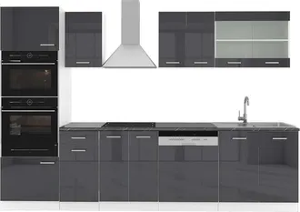 Vicco Mueble De Cocina R-line, Antracita Brillo Intenso/blanco, 300 Cm Con Armario Alto, Et Antracita
