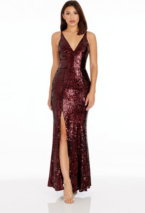 Dress The Population Iris V Neck High Slit Bodycon Maxi Dress