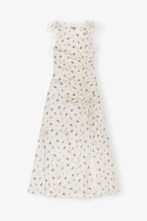 Ganni White Satin Gathered Dress - Size 10/12 Viscose