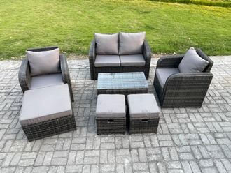 Fimous Wicker PE Rattan Outdoor Furniture Set Garden Love Sofa Coffee Table 2 Armchair 3 Footstools Dark Grey Mixed