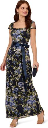 Adrianna Papell Womens Cascading Floral Column Gown - Blue - Size 10 UK