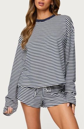 Edikted Jainee Stripe Long Sleeve Stretch Cotton T-Shirt in Navy at Nordstrom, Size X-Small