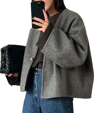 Generic Women Cropped Wool Blend Coats Long Sleeve Coat Jacket Peacoat Fall Winter Outwear Overcoat (Grey,S)