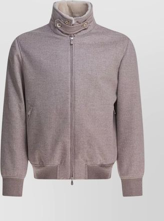 Brunello Cucinelli high collar ribbed hem button side pockets