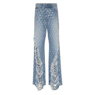 Philipp Plein Jeans, Dames, Blauw, W26, Denim, Denim Skater Fit Broek Strass Monogram