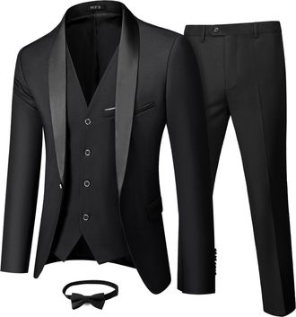 Mys Mens 3 Piece Tuxedo Set with Bow Tie, Shawl Lapel One Button Jacket Vest & Pants, Slim Fit Suit Prom Party Wedding Tux, Black, XXL