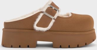 Charles & Keith Bergen Textured Fur-Trim Buckled Platform Mules