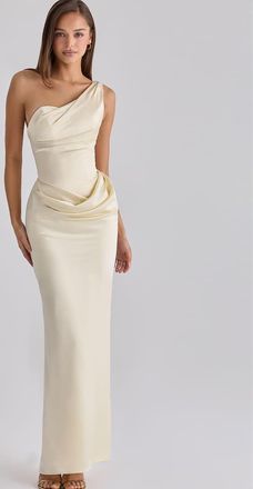 House of CB Caprice - Vestito lungo monospalla in raso giallo limone