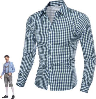 Generic Mens Bavarian Style Oktoberfest Costume Long Sleeve Cotton Shirt with Classic Checked Pattern, Traditional Turned Collar and Slim Fit Plaid Shirt for 