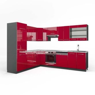 Vicco Cucina angolare completa Fame-Line, Bordeaux lucido/antracite, 227 x 287 cm, pl Marmo