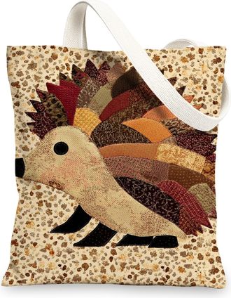 Generic Hedgehog Canvas Tote Bags, Cute Animal Patchwork Design Reusable Shopping Bags, Rustic Quilted Fabric Lightweight Washable, Beige, 13x15 Inch