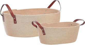 Beliani Conjunto De 2 Cestas De Algod&oacute;n Beige Claro Marr&oacute;n Hecho A Mano Asas Piel Gissar
