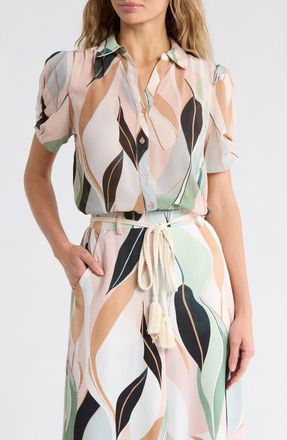Adrianna Papell Patterned Pinch Sleeve Button-Up Shirt in Seafoam Flowing Leaf at Nordstrom Rack, Size X-Small