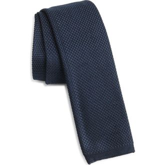 BOSS Solid Knit Silk Tie in Dark Blue at Nordstrom