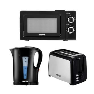 Geepas Kettle, Toaster & Microwave Set - 1.7L Electric Kettle, 2-Slice Toaster & 20L 700W Microwave in Black