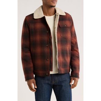 Lucky Brand Plaid Faux Shearling Lined Trucker Jacket in Brown Plaid at Nordstrom Rack, Size Large