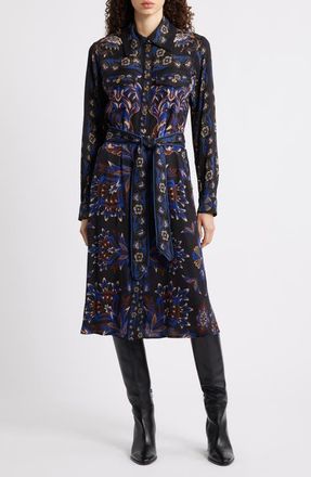 Farm Rio Arabesque Mix Scarves Long Sleeve Tie Belt Shirtdress in Black at Nordstrom, Size Small