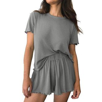 Generic Christmas Womens Pyjamas Soft Shirt Soft Warm Tops Womens Pajamas 2 Ribbed Knit Short Sleeve Sleepwear Set Designer Pajama Set for Women (Grey, L)