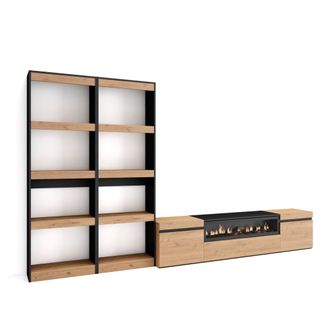 Skraut Home Skraut Home - Muebles De Sal&oacute;n Para Tv, Conjunto De Muebles Comedor, 320x186x35cm, Para Tv Hasta 80, Chimenea El&eacute;ctrica, Estilo Moderno, Roble Y Negro