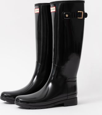 Hunter Womens Refined Gold Trim Tall Gloss Boot in Black Rubber - Size UK 6