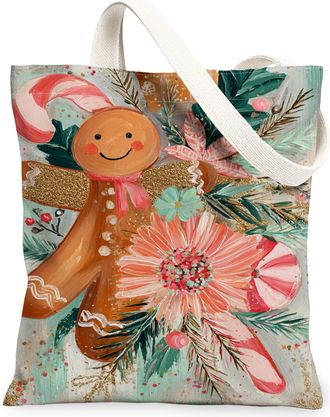 Generic Gingerbread Floral Canvas Tote Bags, Holiday Design Reusable Grocery Bags, Vintage Lightweight Washable Shoulder Strap for, Multicolor, 13x15 Inch