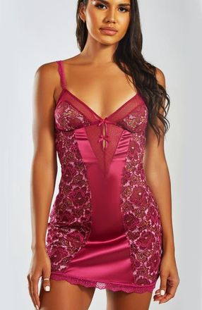 iCollection Two-Toned Lace & Satin Chemise Set in Wine at Nordstrom, Size Medium