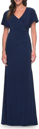 La Femme Chic Jersey Dress with V Neck and Loose Sleeves in Navy at Nordstrom, Size 20
