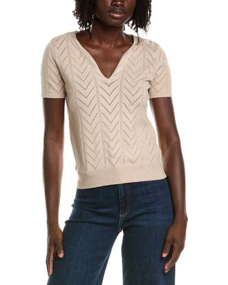 T Tahari Split Neck Collar Pointelle Sweater