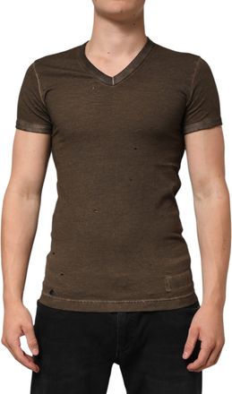 Dolce & Gabbana Dark Brown Cotton Tattered Logo Men Mens T-shirt